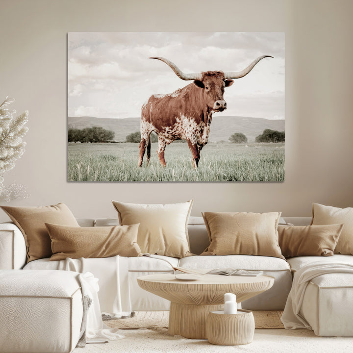 Texas Longhorn Wall Art Canvas Print, Framed Spotted Cattle Art Picture Print, Horned Bull Perfect Rustic Western Decor Artwork