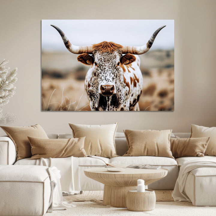 Texas Longhorn Wall Art Canvas Print, Framed Spotted Cow Art Picture Print, Horned Cattle Perfect Rustic Western Decor Artwork
