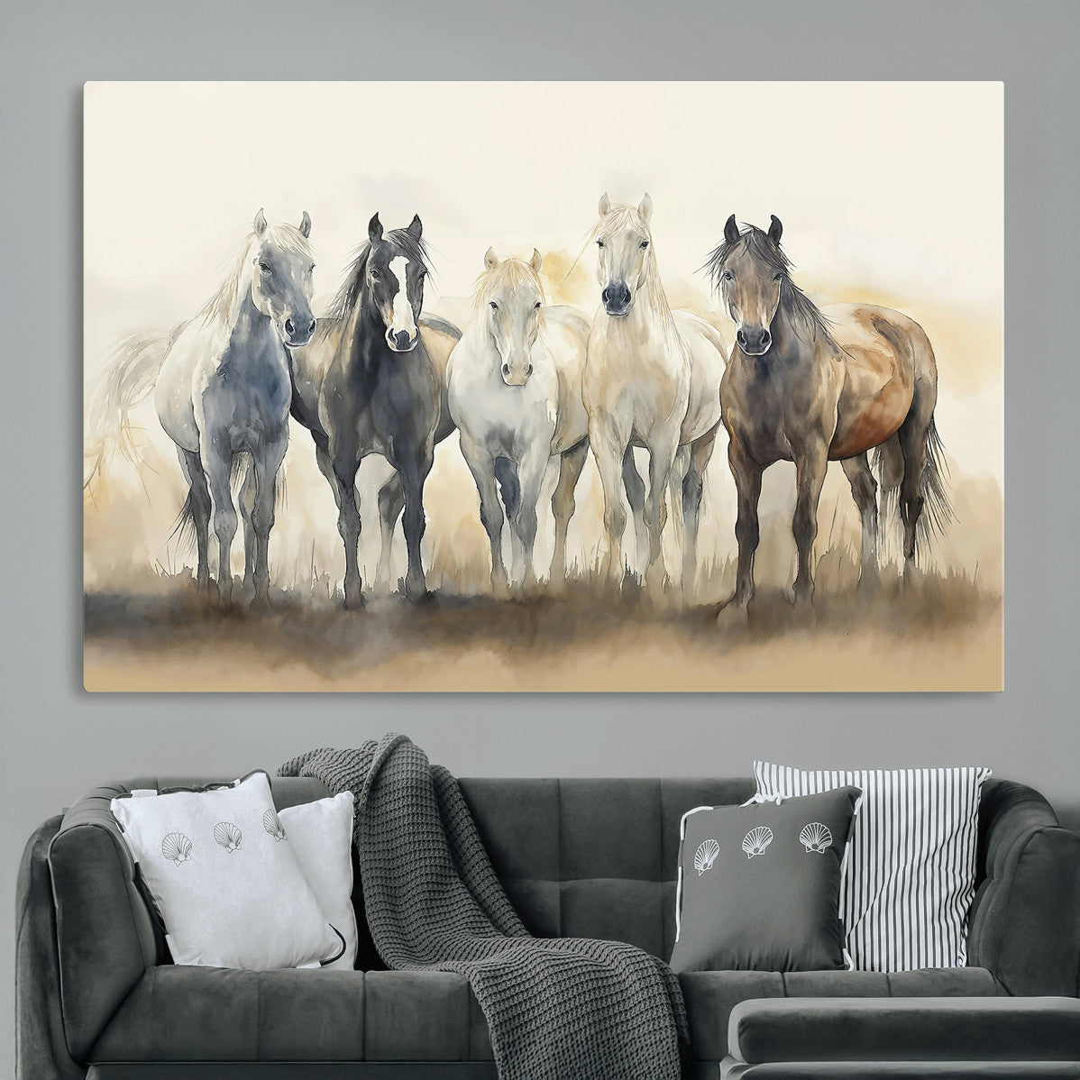 MGV-CV-36X24 - Wild Horses Wall Art Canvas Print, Framed Running Horses Art Picture Print, Watercolor Horses Perfect Rustic Western Decor Artwork