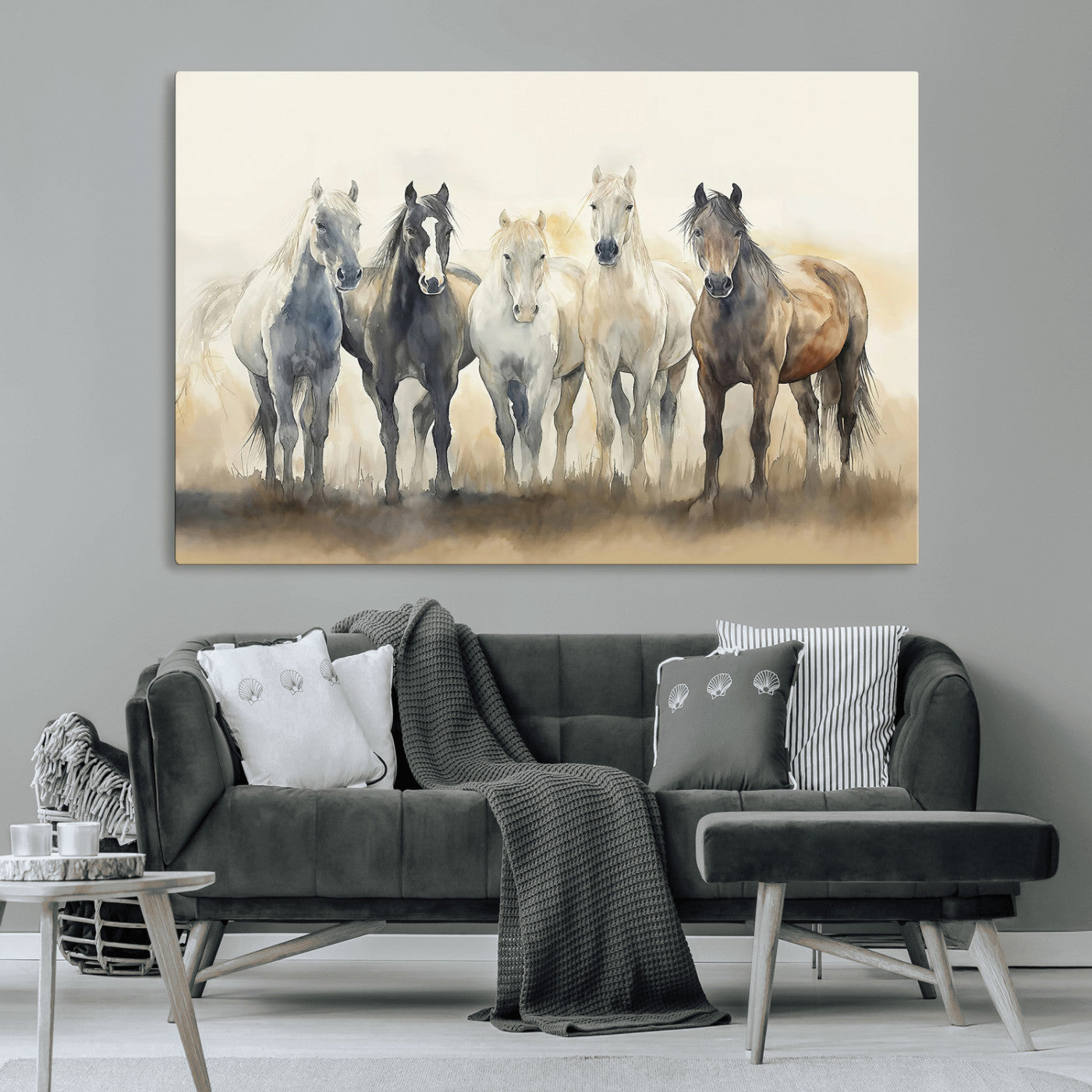 MGV-CV-36X24 - Wild Horses Wall Art Canvas Print, Framed Running Horses Art Picture Print, Watercolor Horses Perfect Rustic Western Decor Artwork