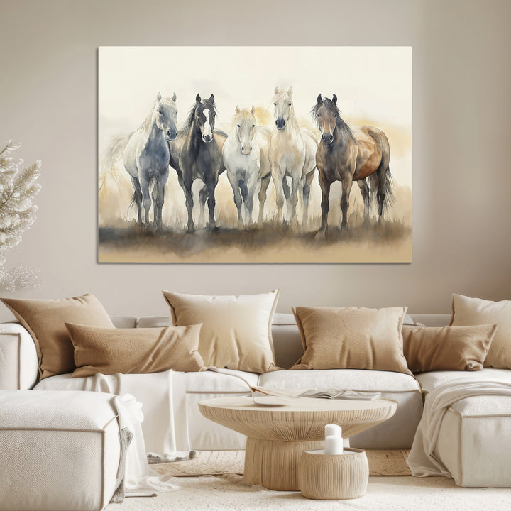Wild Horses Wall Art Canvas Print, Framed Running Horses Art Picture Print, Watercolor Horses Perfect Rustic Western Decor