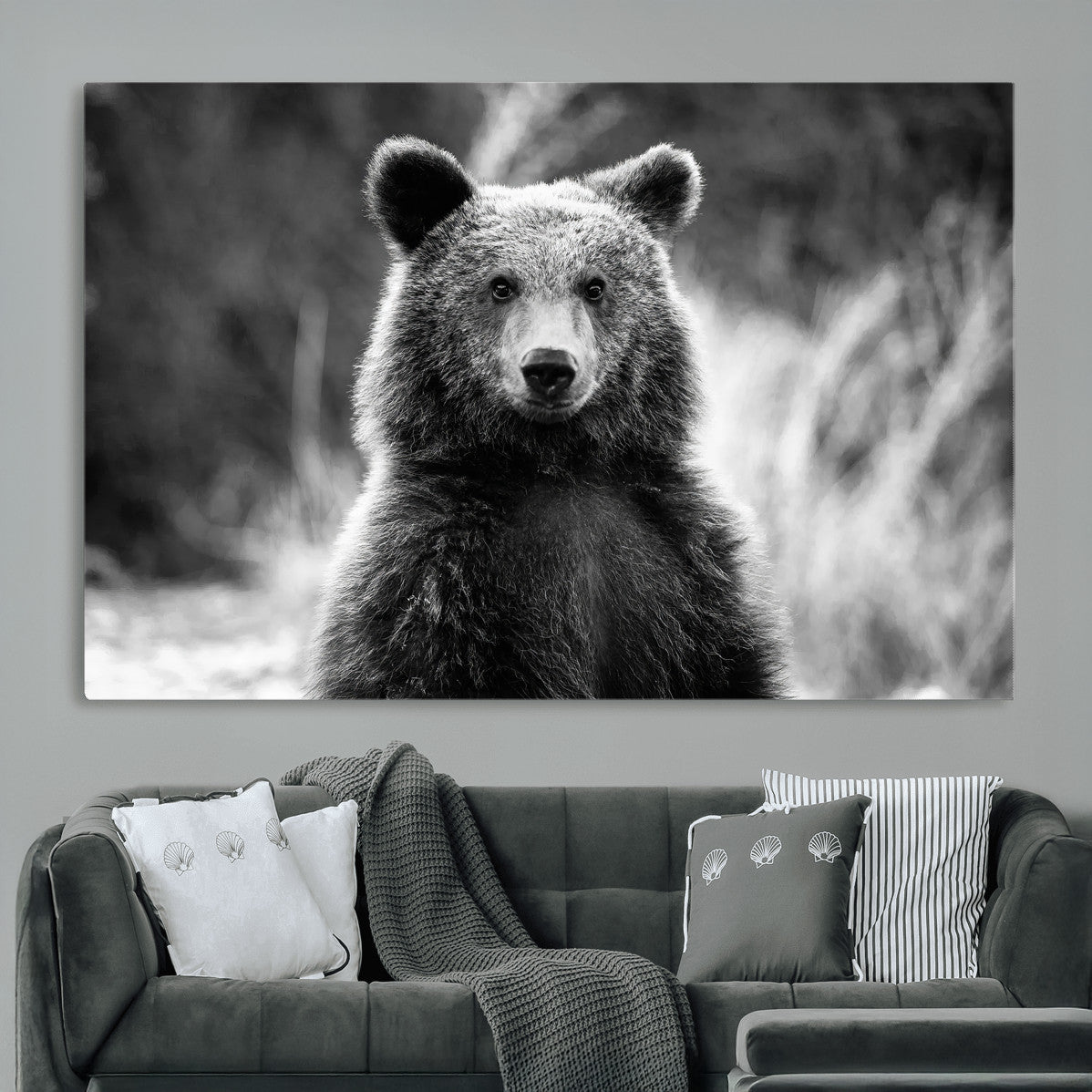 55656803-MGV-CV-36X24-Grizzly Bear Wall Art Canvas Print – Framed Black White Wildlife Rustic Nature Artwork for Home, Office Decor