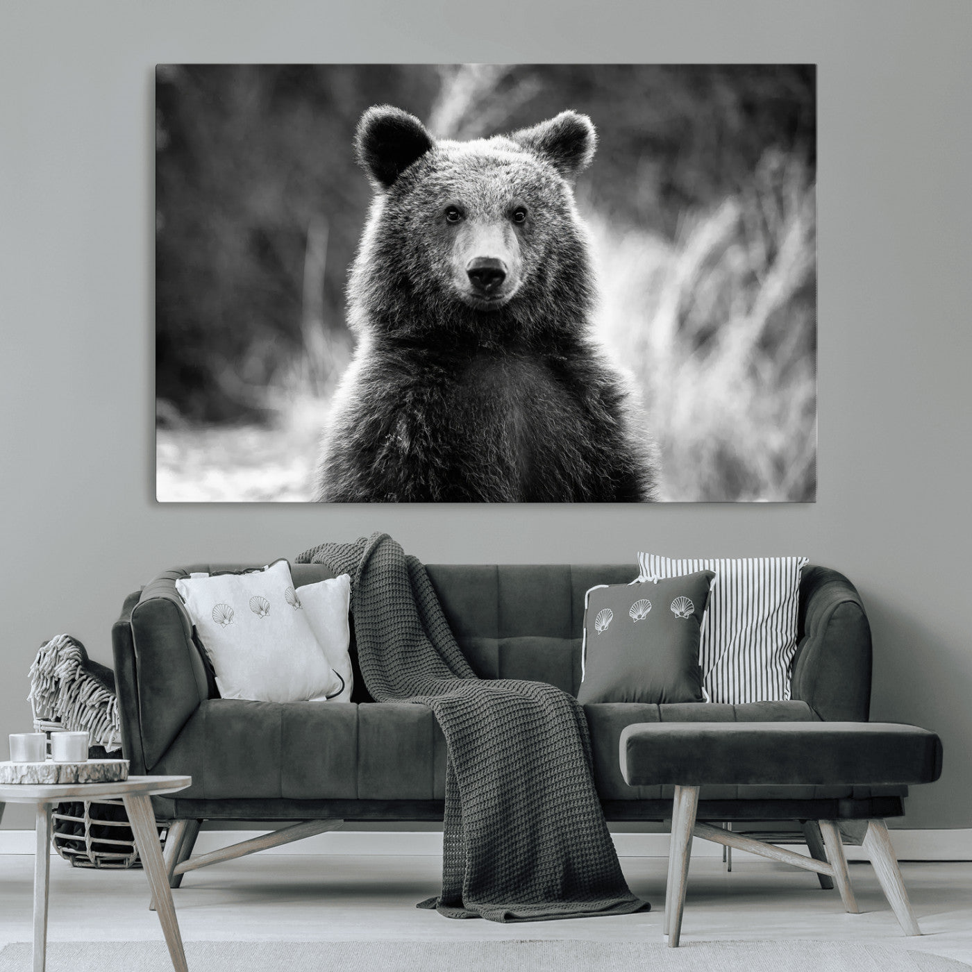 MGV-CV-36X24 - Grizzly Bear Wall Art Canvas Print, Framed Black White Bear Art Picture Print, Wild Bear Perfect Rustic Wildlife Decor Artwork