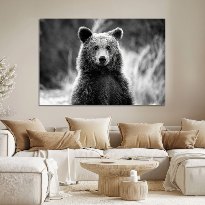 Grizzly Bear Wall Art Canvas Print, Framed Black White Bear Art Picture Print, Wild Bear Perfect Rustic Wildlife Decor