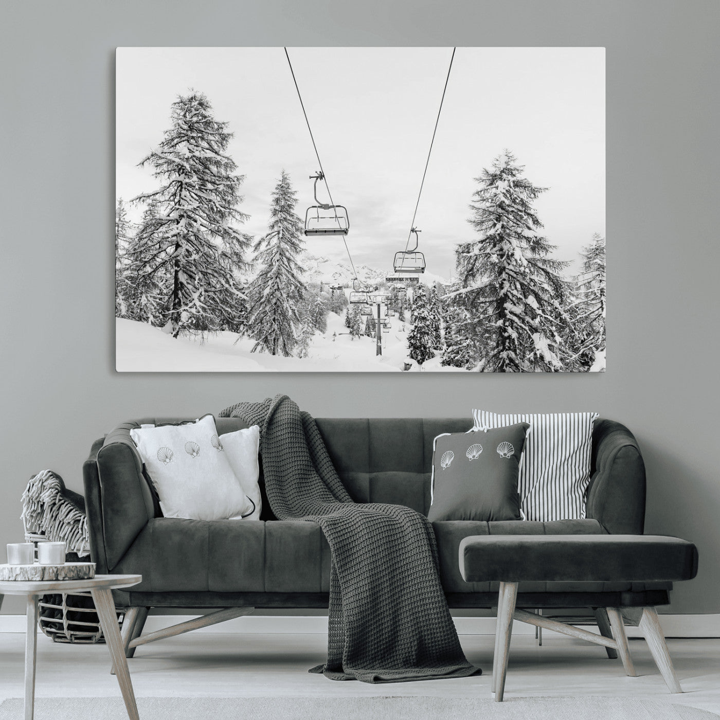 MGV-CV-36X24 - Wall Art Canvas Print Winter Chairlift Views Silent Snow-Covered Pines Mountain Calm Serenity Frozen