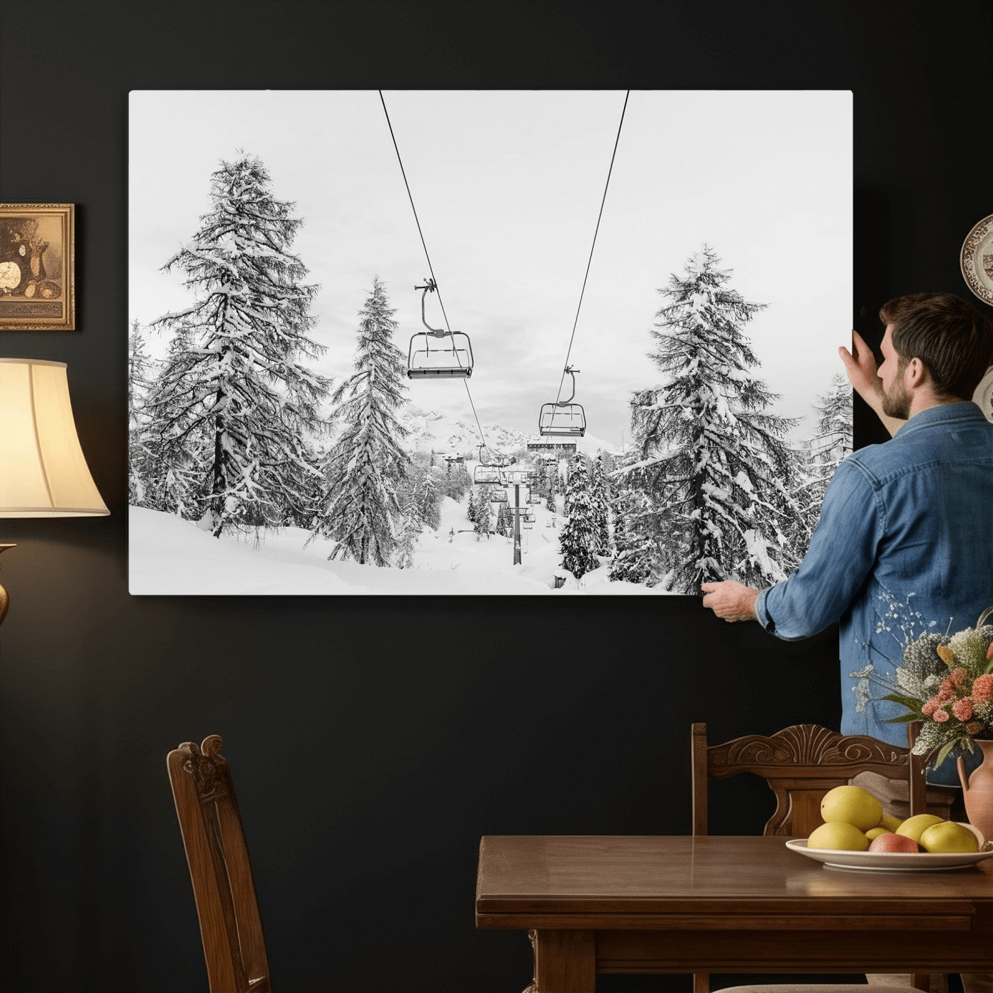 55003599-MGV-CV-36X24 - Snowy Ski Lift Wall Art – Framed Winter Forest Canvas Artwork, Peaceful Mountain Design, Modern Nature Decor for Home, Office