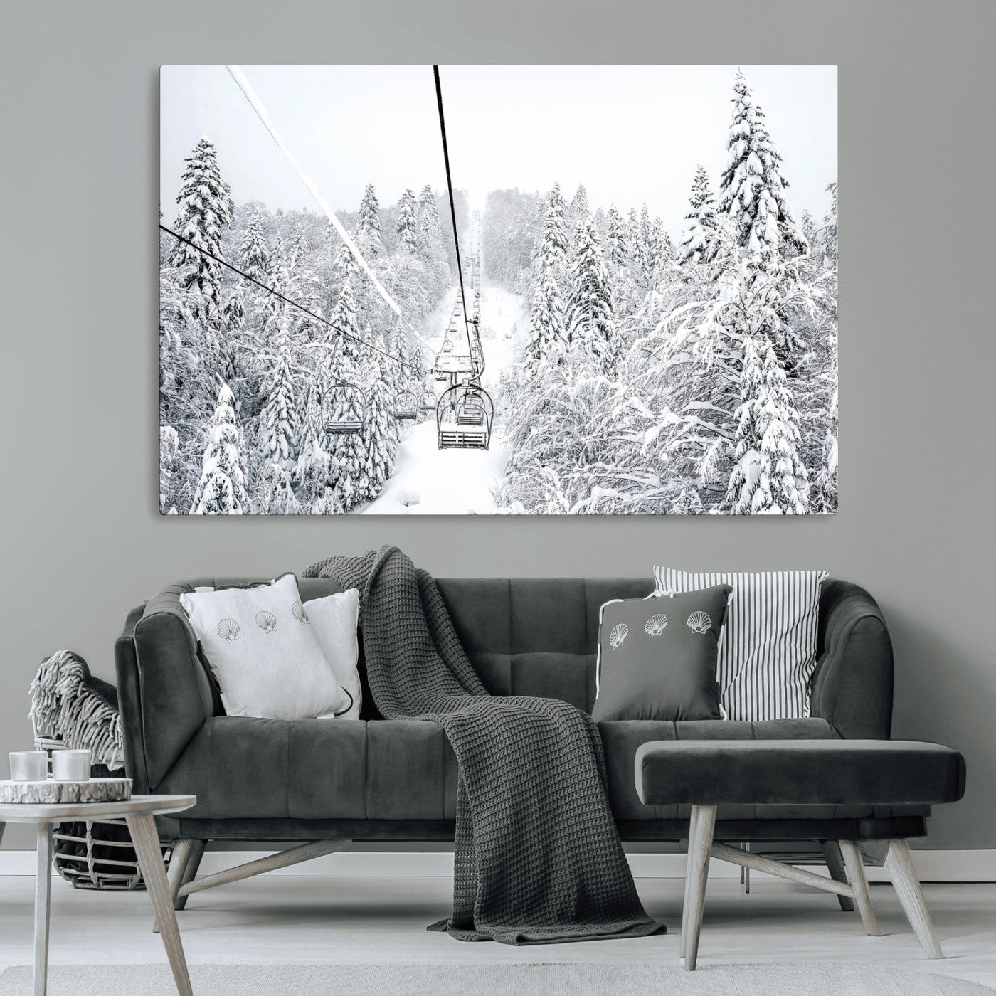 MGV-CV-36X24 - Snowy Mountains Wall Art Canvas Print, Framed Ski Lift Art Picture Print, Winter Forest Perfect