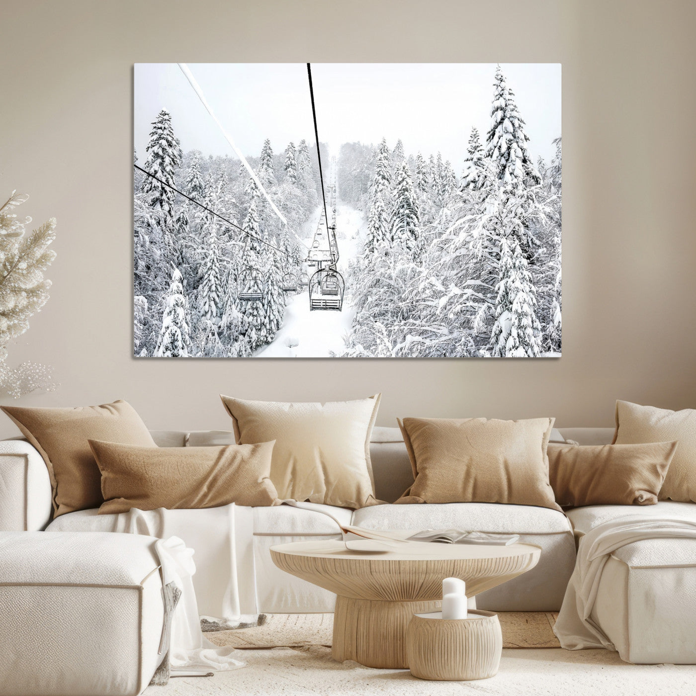 Snowy Mountains Wall Art Canvas Print, Framed Ski Lift Art Picture Print, Winter Forest Perfect Winter Minimalist Decor, Ski Lift Canvas
