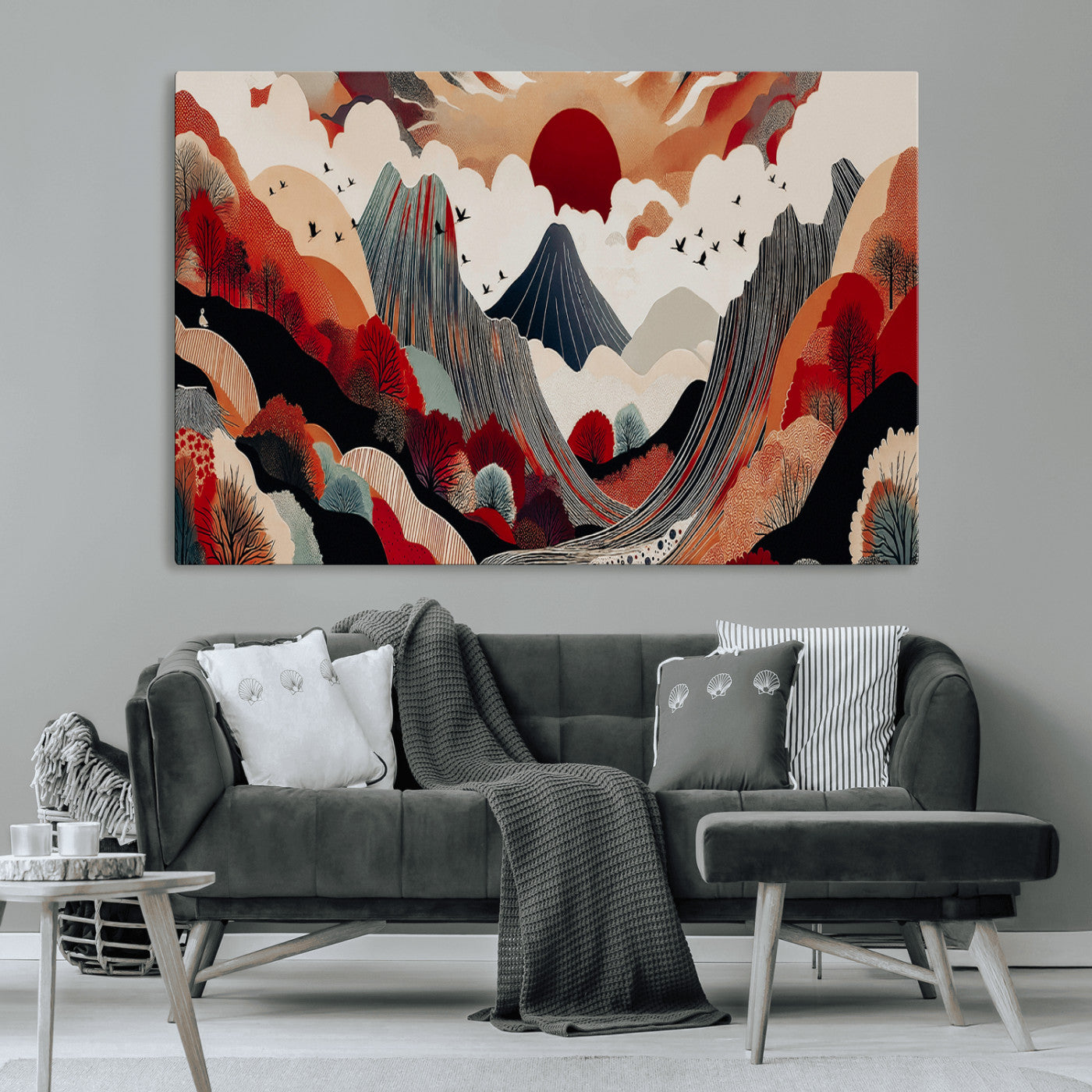 MGV-CV-36X24 - Abstract Mountain Wall Art Canvas Print, Framed Vibrant Landscape Art Picture Print, Stylized Nature Drawing Perfect Contemporary Minimalist Decor Artwork