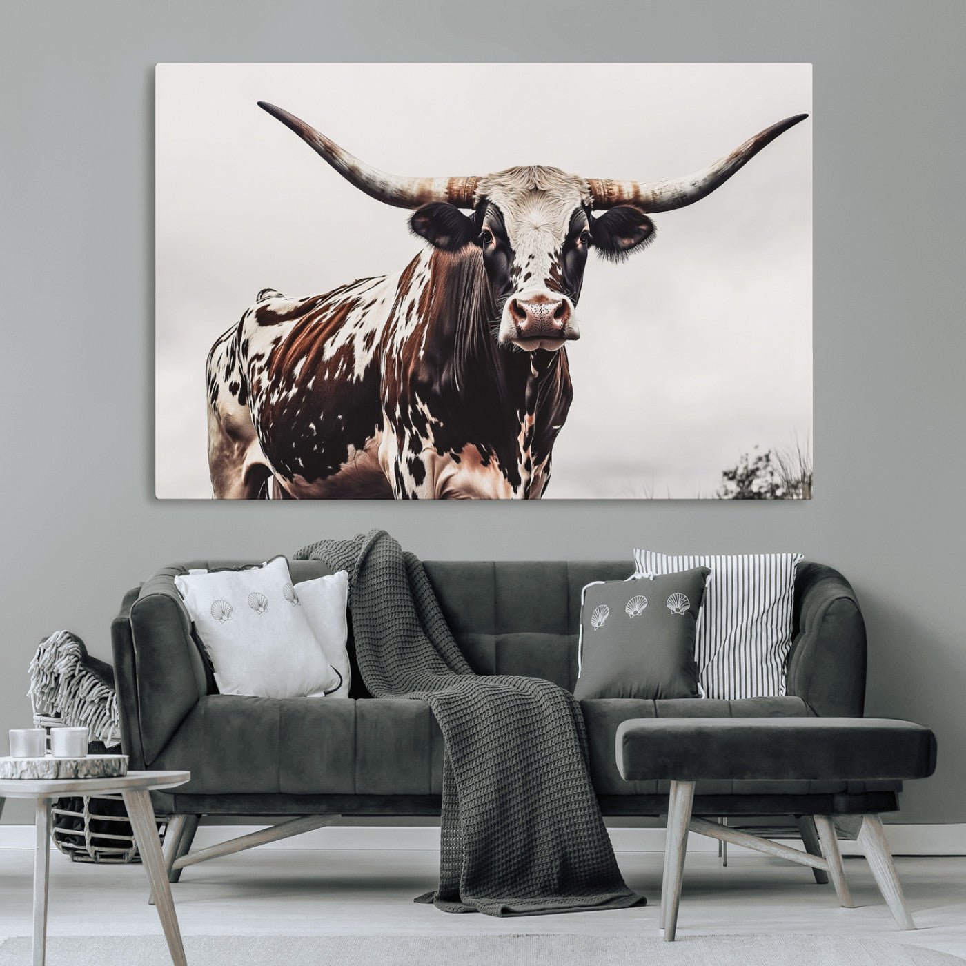 Close-up of a Texas Longhorn bull with powerful horns, perfect for rustic farmhouse or country-themed home decor. Ideal for animal lovers.