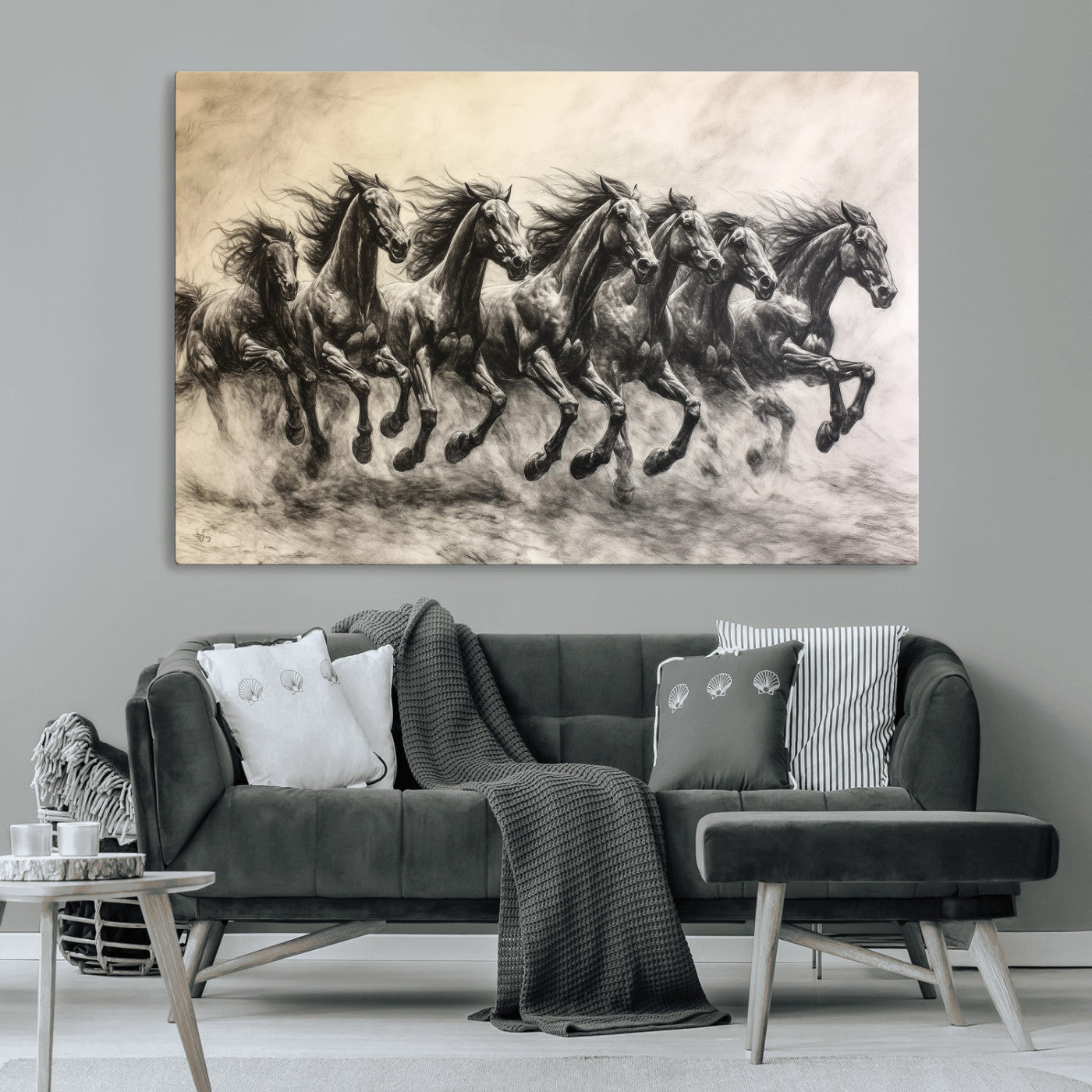 Monochrome drawing of a herd of galloping horses, perfect for dynamic and wild-themed decor in any equestrian or nature-inspired room.