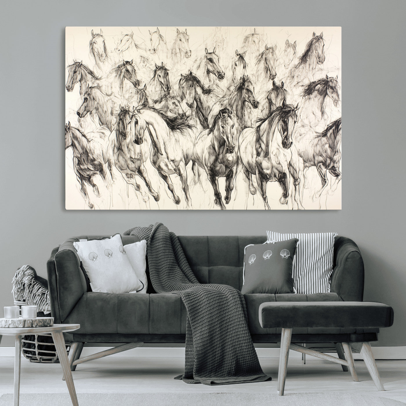 Monochrome ink sketch of galloping horses in dynamic motion, perfect for western or equine-themed wall decor with bold artistic energy.