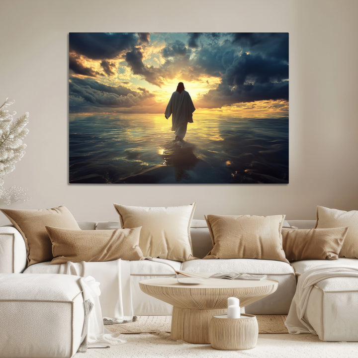 Jesus Walks Wall Art Canvas Print, Framed Divine Sunset Art Picture Print, Spiritual Light Perfect Spiritual Tranquil Decor Artwork