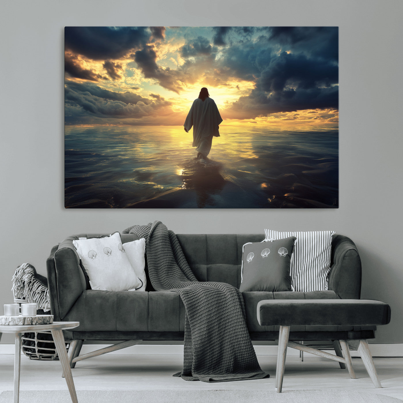 Spiritual artwork of Jesus walking on water at golden hour with divine light, ideal for Christian home decor or prayer room.