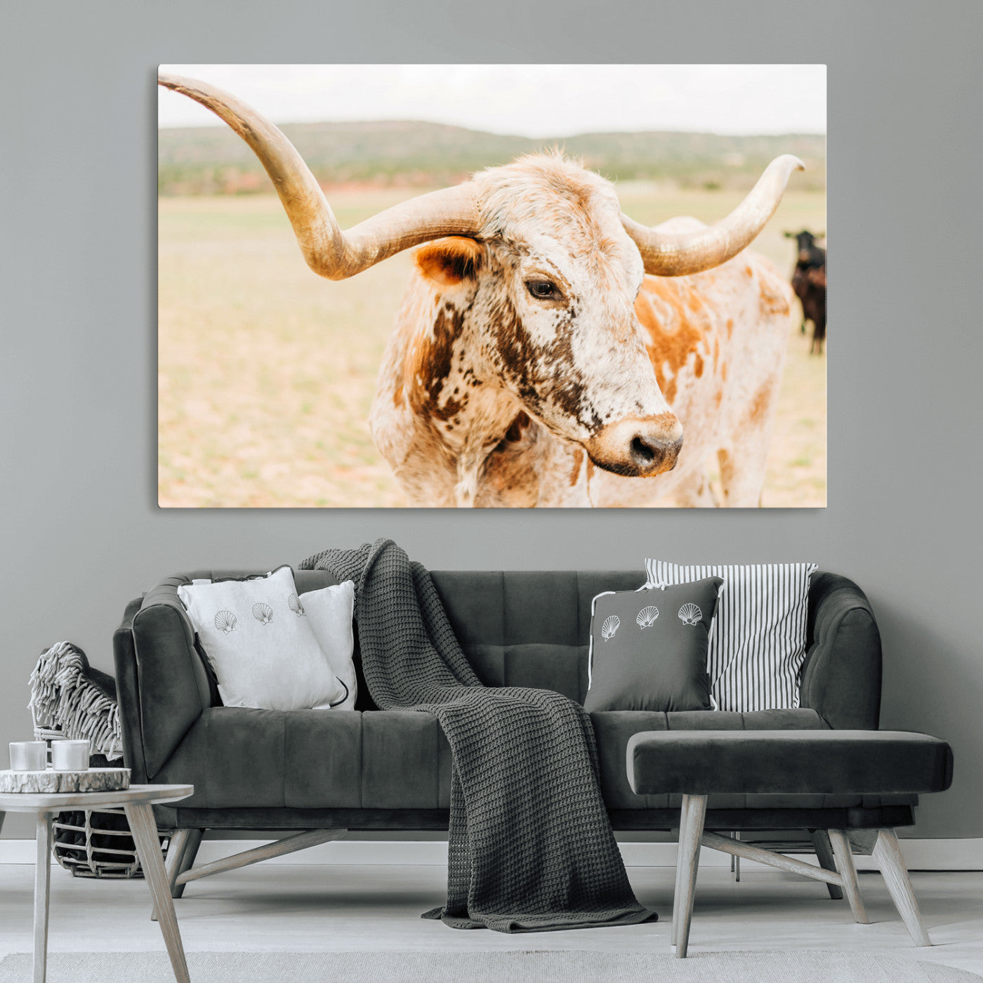 Close-up of a speckled Texas Longhorn in warm prairie tones, perfect for rustic western or countryside-themed room decor.