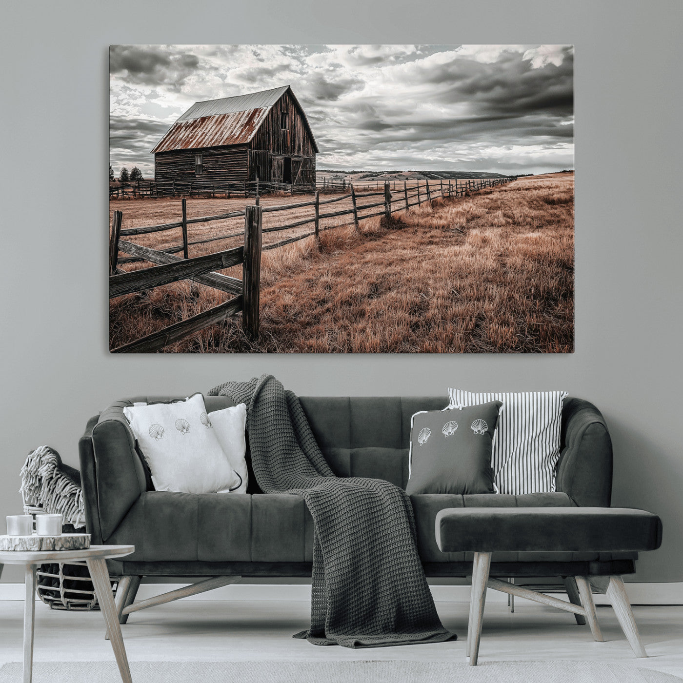 Framed canvas of a rustic barn under a moody sky with weathered fence and dark fields, ideal for farmhouse or rural-style wall decor.