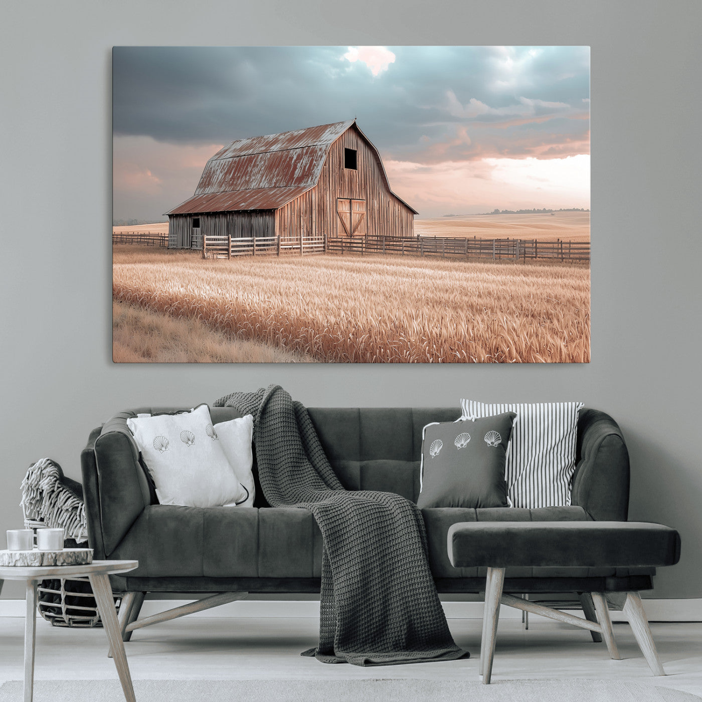 Framed canvas of a rustic barn in a golden wheat field under soft skies, ideal for vintage farmhouse or country-style wall decor.