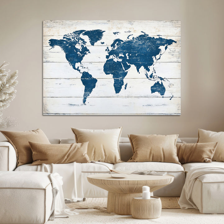 World Map Wall Art Canvas Print, Framed Rustic Atlas Art Picture Print, Wooden Map Perfect Vintage Decor Artwork