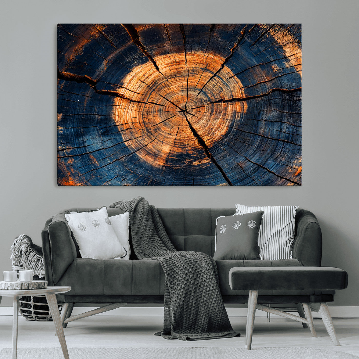 MGV-CV-36X24 - Burnt Wood Wall Art Canvas Print, Framed Aged Timber Art Picture Print, Rustic Tree Slice Perfect Rustic Decor Artwork