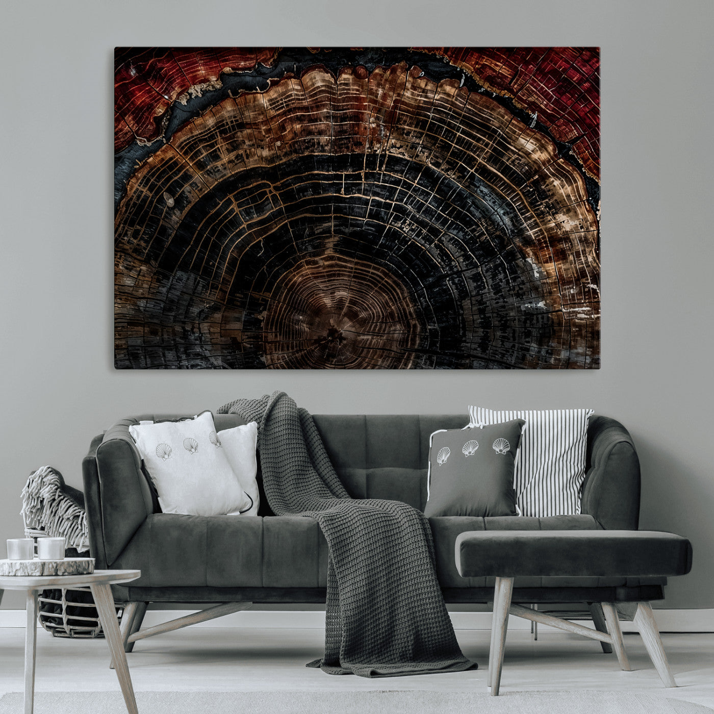 MGV-CV-36X24 - Dark Wood Ring Wall Art Canvas Print, Framed Abstract Wood Tree Art Picture Print, Rustic Tree Slice Perfect Rustic Decor Artwork