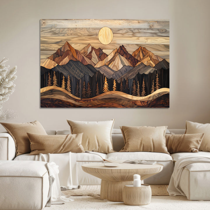 Wood Mountain Wall Art Canvas Print, Framed Boho Wood Art Print, Abstract Woodland Farmhouse Decor
