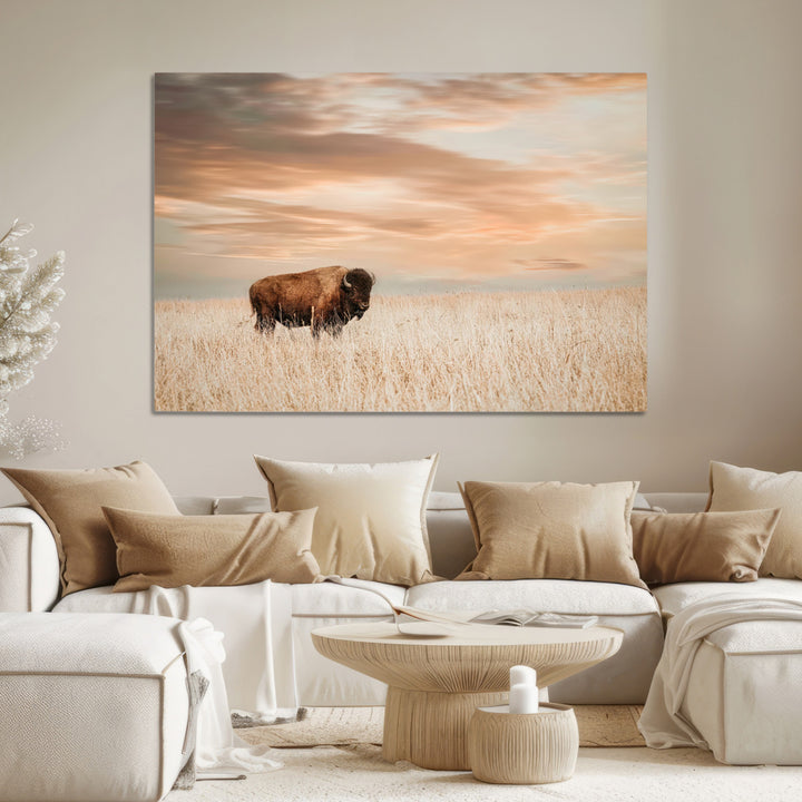 Bison Wall Art Canvas Print, Buffalo Print, Framed Western Prairie Art Print, Large Rustic Wildlife Printing Perfect for Rustic Decor