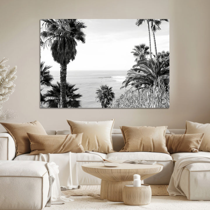 Palm Trees Wall Art Canvas Print, Framed Coastal Art Picture Print, Ocean Horizon Perfect Monochrome Coast Decor