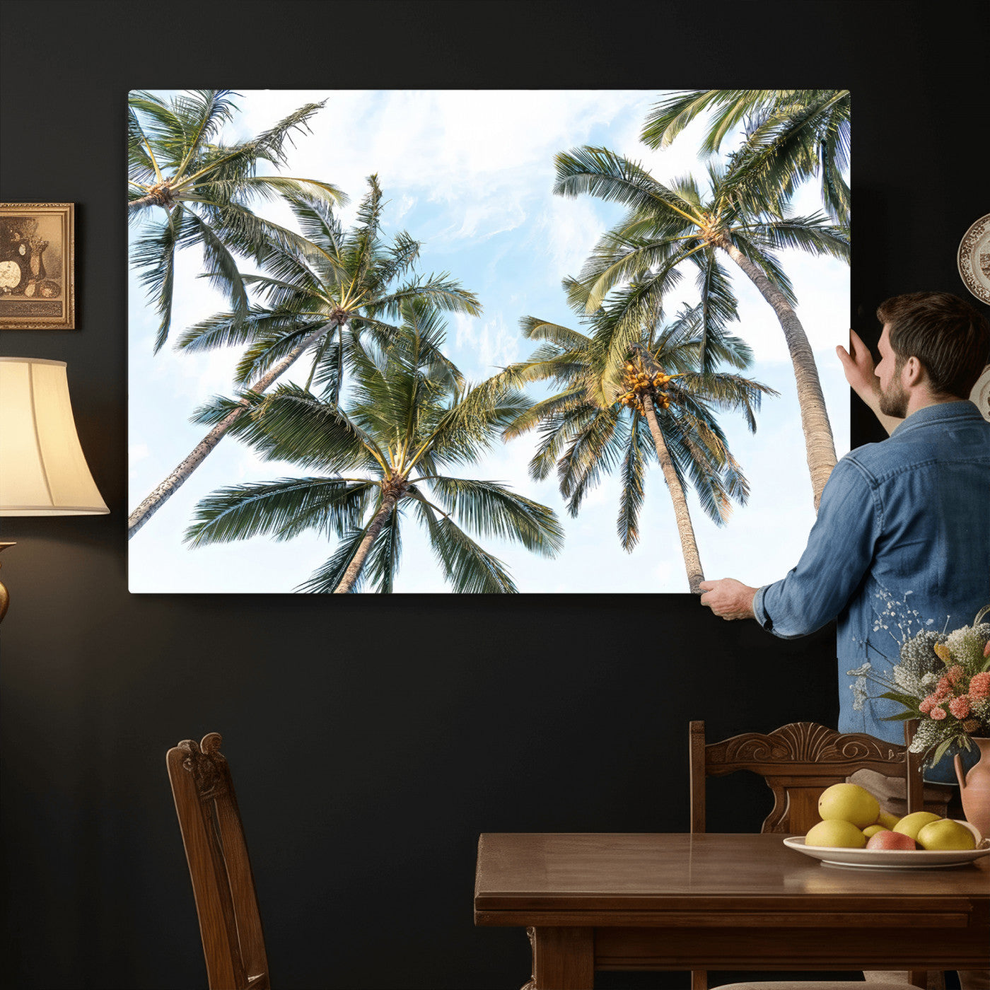 87247012-MGV-CV-36X24 - Tropical Palm Trees Wall Art – Sunlit Leaves & Blue Sky Canvas Print, Island Breeze and Vacation Vibes for Office or Home Decor