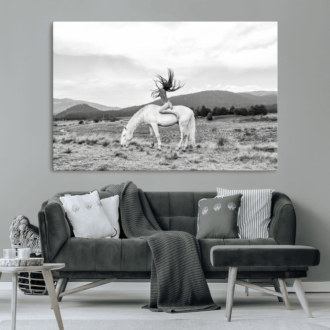 White Horse Wall Art Canvas Print, Framed Woman Rider Equestrian Western Boho Art