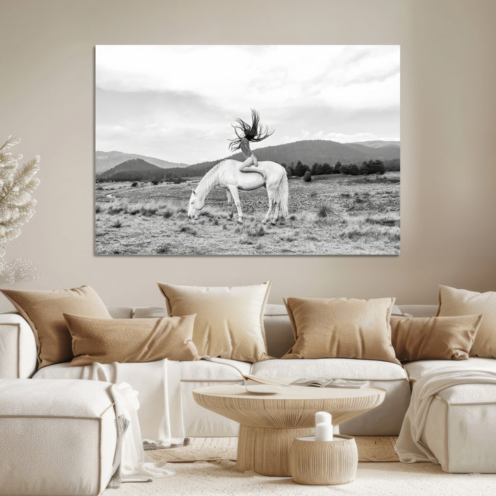 White Horse Wall Art Canvas Print, Woman Rider Print, Framed Equestrian Pose Art Print, Large Grazing Horse Printing Western Boho