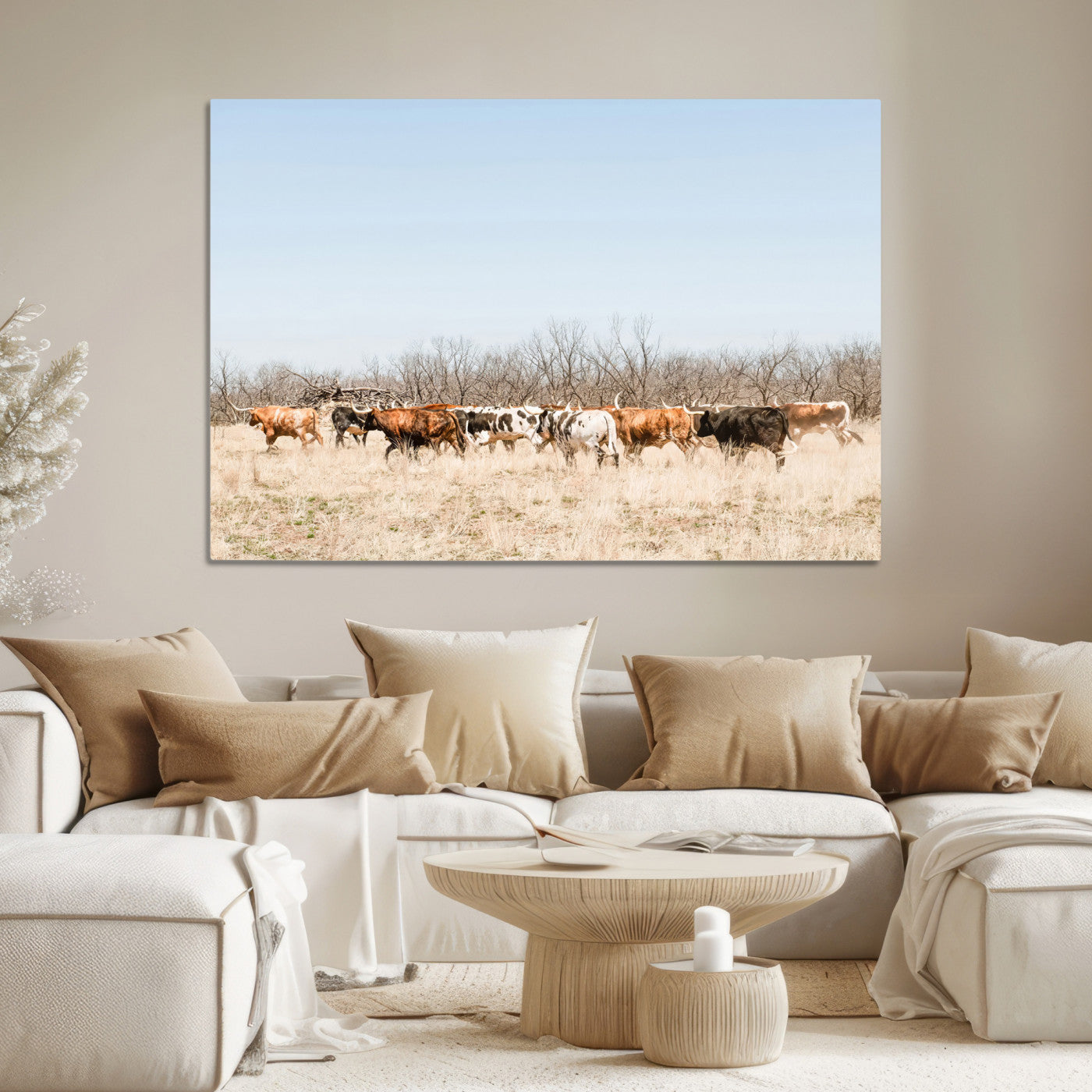 Texas Longhorns Wall Art Canvas Print, Western Cattles Print Wall Art, Framed Rustic Herd Art Print, Large Country Cows Printing Rustic