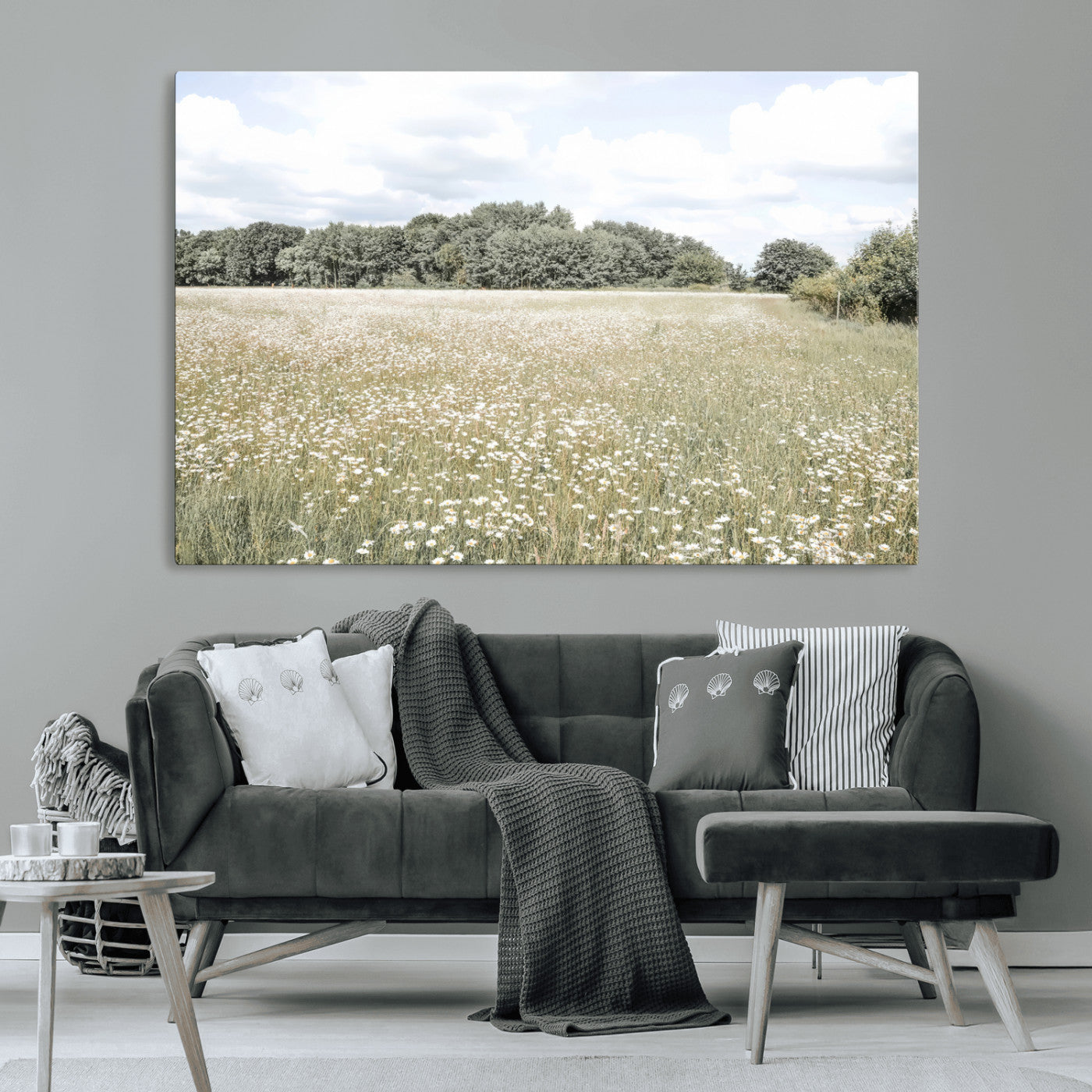 MGV-CV-36X24 - Charming Daisy Field Wall Art Canvas Print, Framed Pastel Flower Art Picture Print, Meadow Bloom Perfect Scandinavian Minimalist Decor Artwork