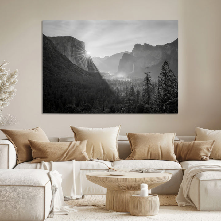 Yosemite Valley Wall Art Canvas Print, Framed El Capitan Sunrise Print, Framed Misty Mountain Art Print, Large Monochrome Valley Printing