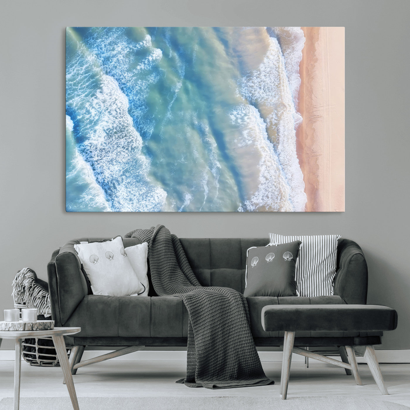 MGV-CV-36X24 - Aerial Ocean View Wall Art Canvas Print, Framed Soft Blue Waves Art Picture Print, Sandy Shoreline Perfect Modern Coastal Decor Artwork