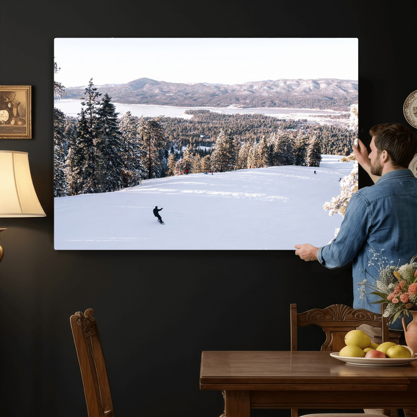 79857868-MGV-CV-36X24 - Snowboarder Wall Art – Winter Slope Canvas Print, Pine Forest, Snow-Covered Mountains, Outdoor Adventure for Living Room or Cabin Decor