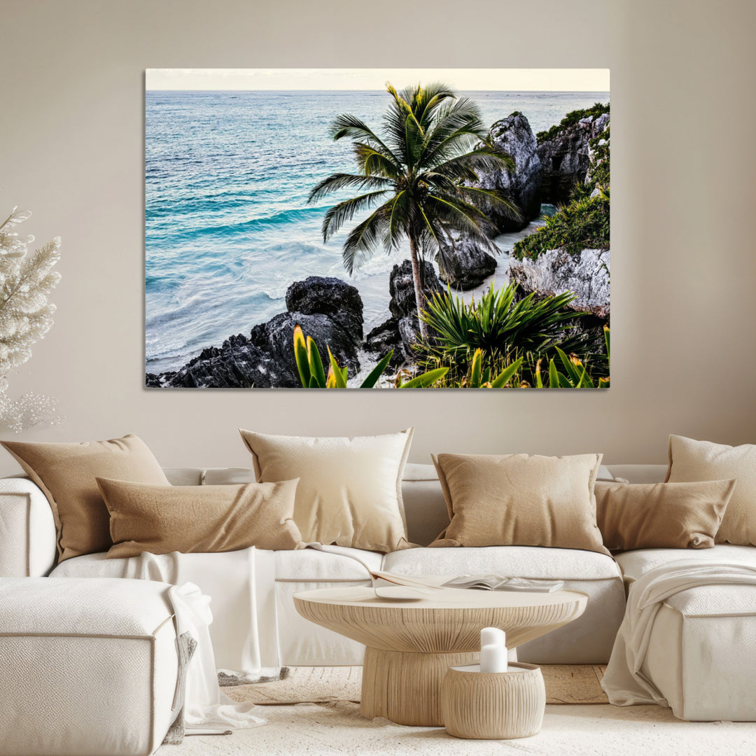 Tropical Coastline Wall Art Canvas Print, Framed Palm Tree Art Picture Print, Rocky Beach Perfect Tropical Coastal Decor