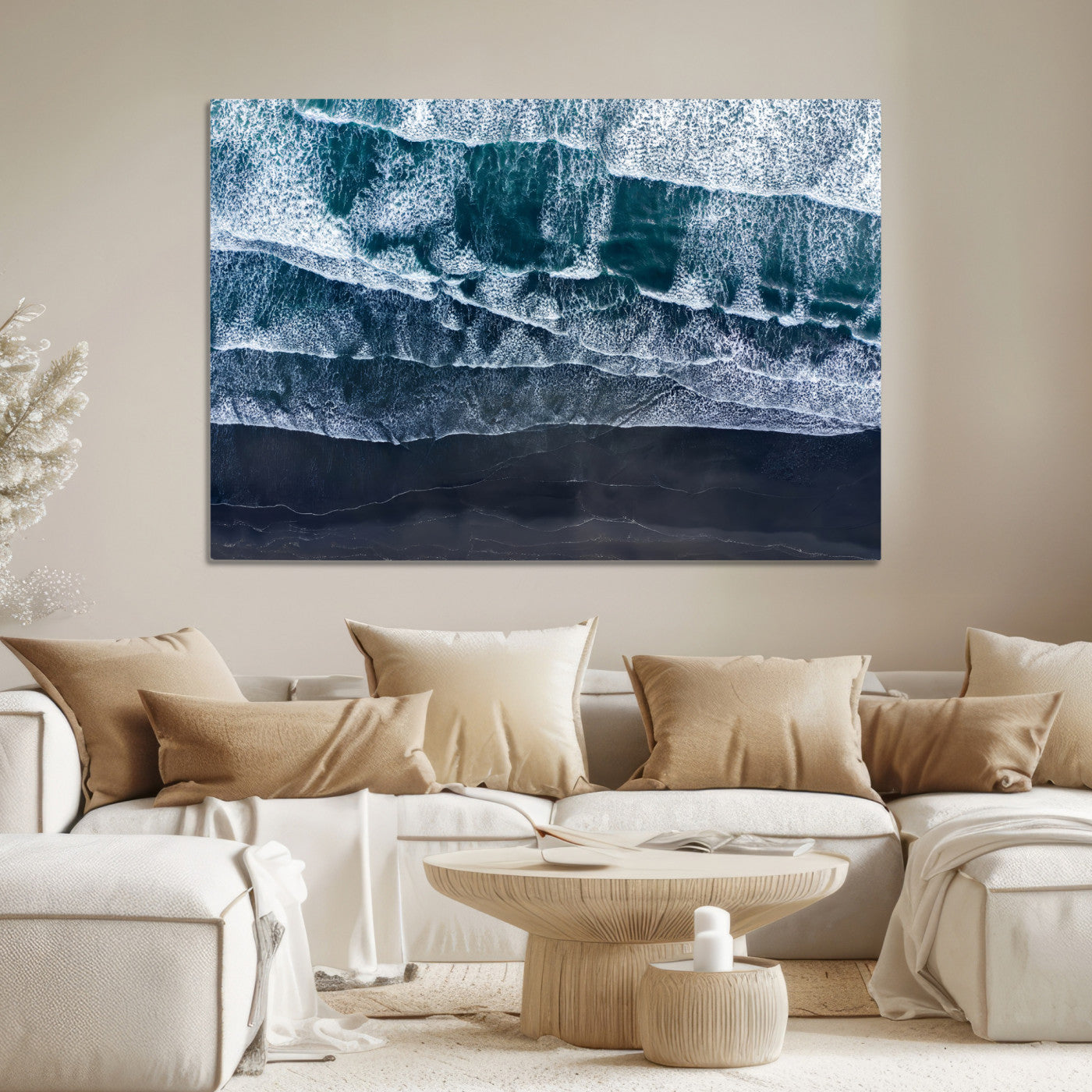 87941475-MGV-CV-36X24-Black Beach Wall Art Canvas Print, Framed Aerial Ocean Art Picture Print, Moody Coastal Perfect Coastal Decor, Aerial Ocean Wall Art Canvas