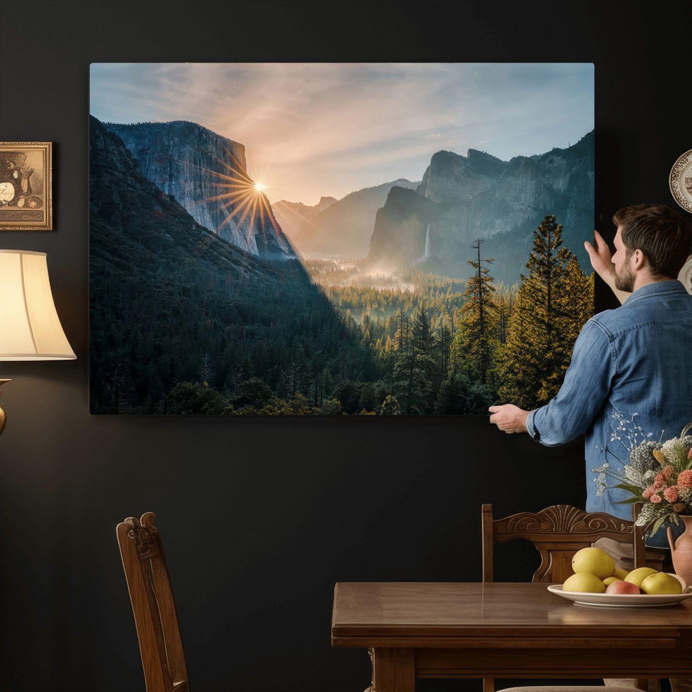 51605481-MGV-CV-36X24 - Yosemite Valley Wall Art – Misty Forest Peaks Canvas Print, Radiant Light, Tranquil Nature Landscape for Living Room or Cabin Decor