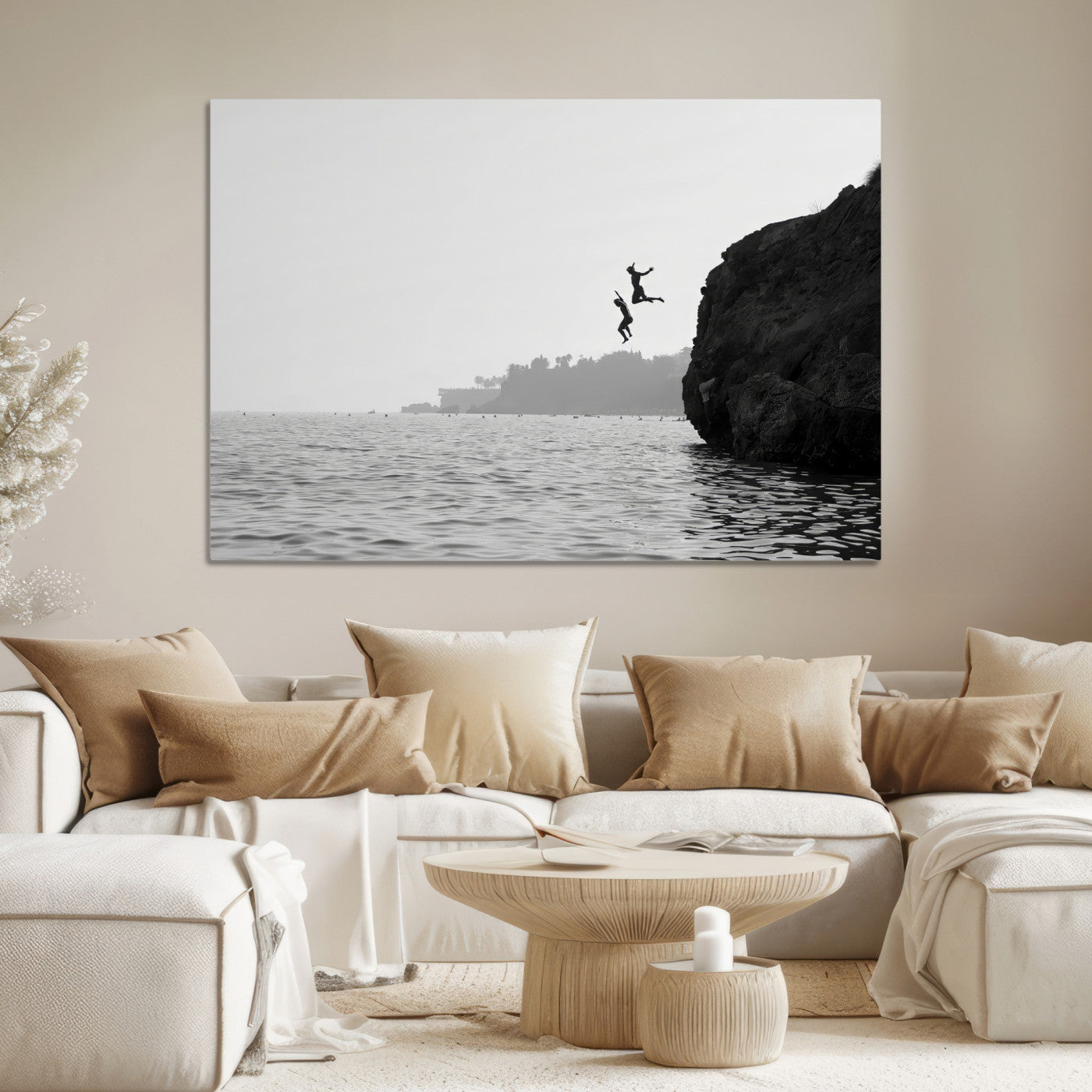 52284302-MGV-CV-36X24-Jumping Wall Art Canvas Print, Framed Ocean Art Picture Print, Coastal Perfect Coastal Decor, Framed Cliff Diving Wall Art