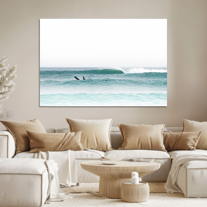 Surfing Wall Art Canvas Print, Framed Ocean Art Picture Print, Waves Perfect Minimalist Decor