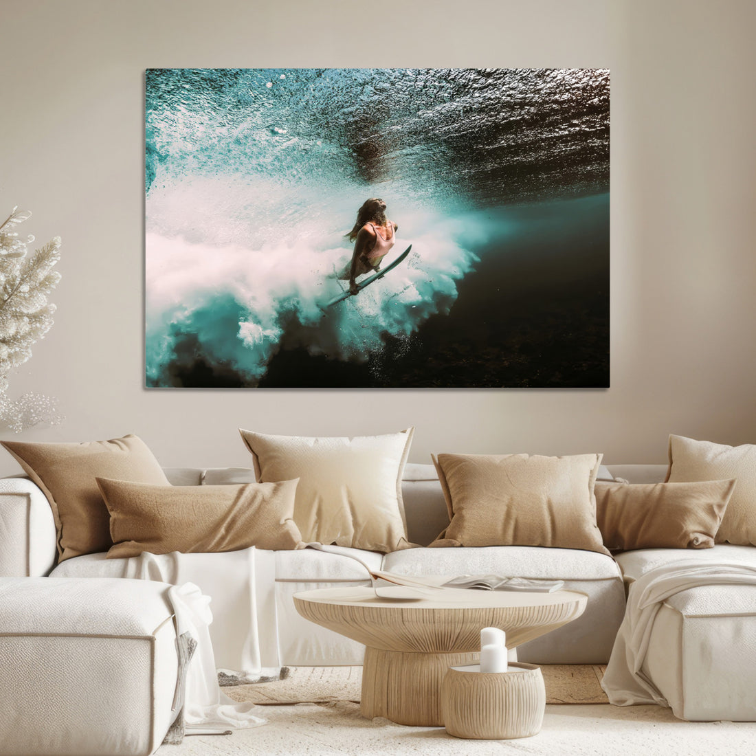 Vibrant Aquatic Motion Wall Art Canvas Print, Framed Underwater Female Surfer Diving Art