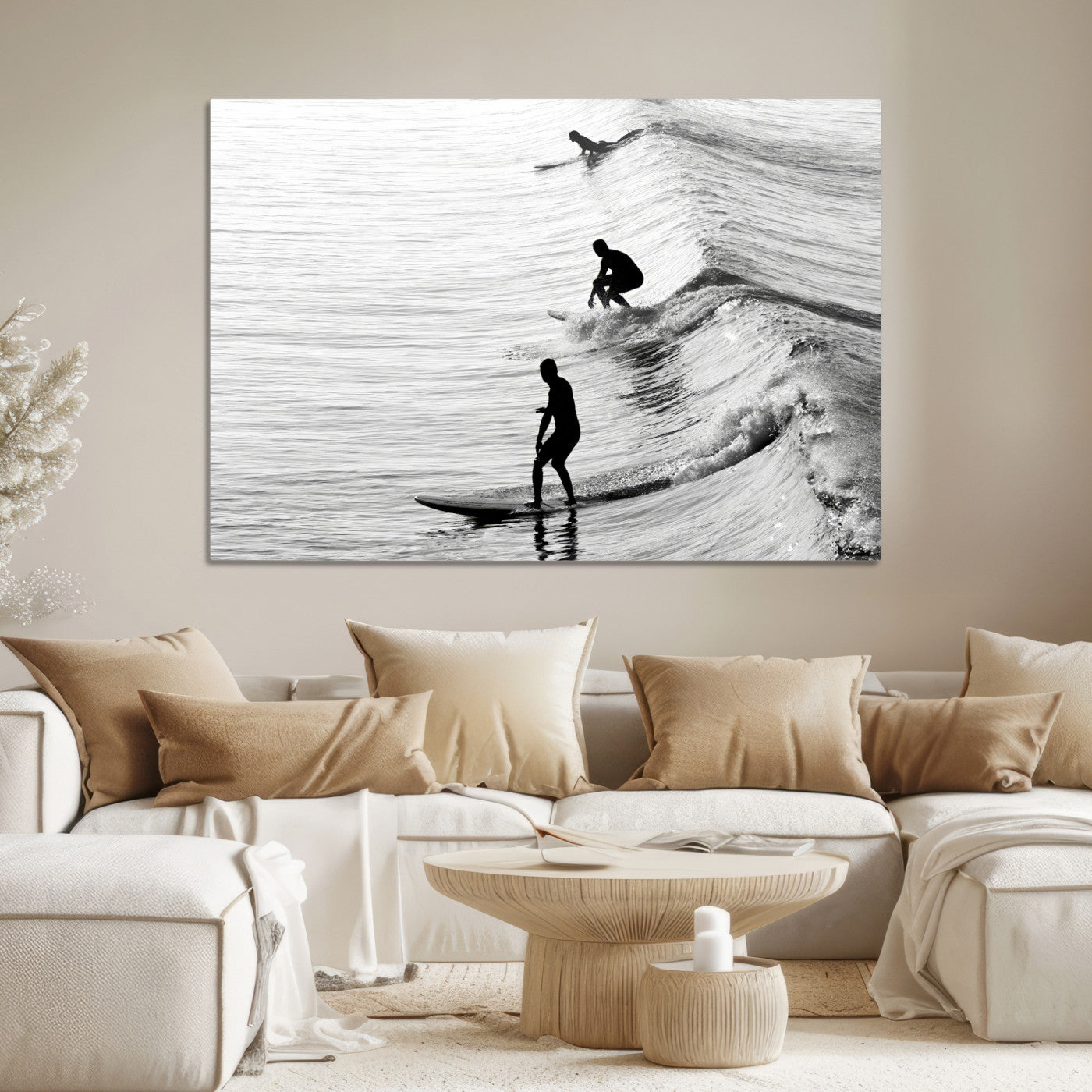 19875284-MGV-CV-36X24-Surfers on Waves Wall Art Canvas Print, Framed Black White Surf Art Picture Print, Monochrome Ocean Perfect Modern Coastal Decor, Surfers on