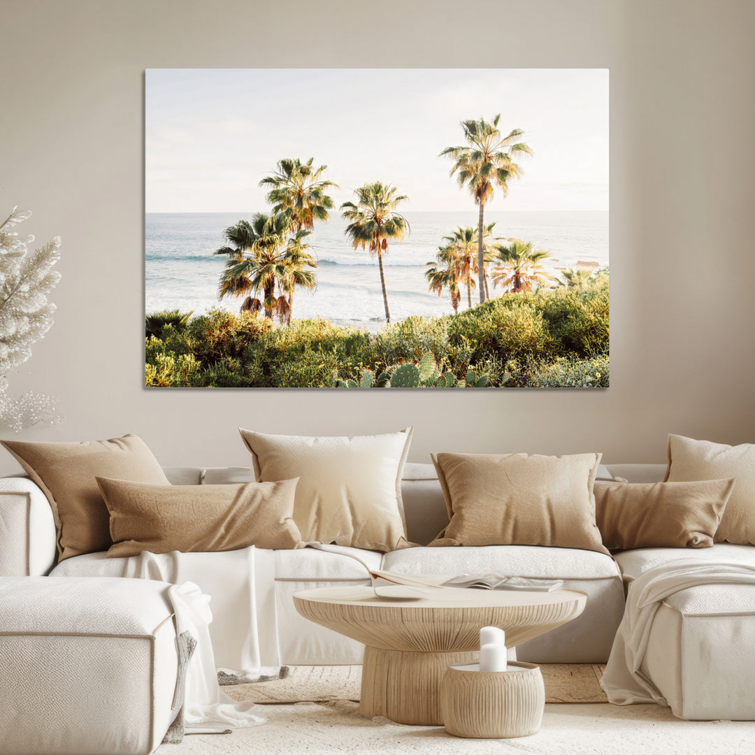 California Coast Wall Art Canvas Print, Framed Palm Trees Art Picture Print, Coastal Landscape Perfect Coastal Minimalist Decor