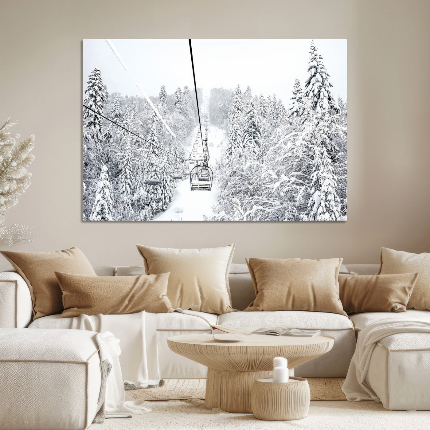 Winter Forest Wall Art Canvas Print, Framed Snowy Forest Art Picture Print, Winter Ski Lift Perfect Scandinavian Minimalist 3/3 Decor