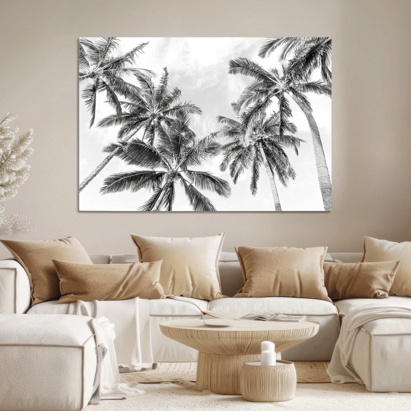 Framed Black White Palm Canvas Print, Framed Monochrome Tropics Art Picture Print, Minimalist Beach Perfect Coastal Minimalist Decor
