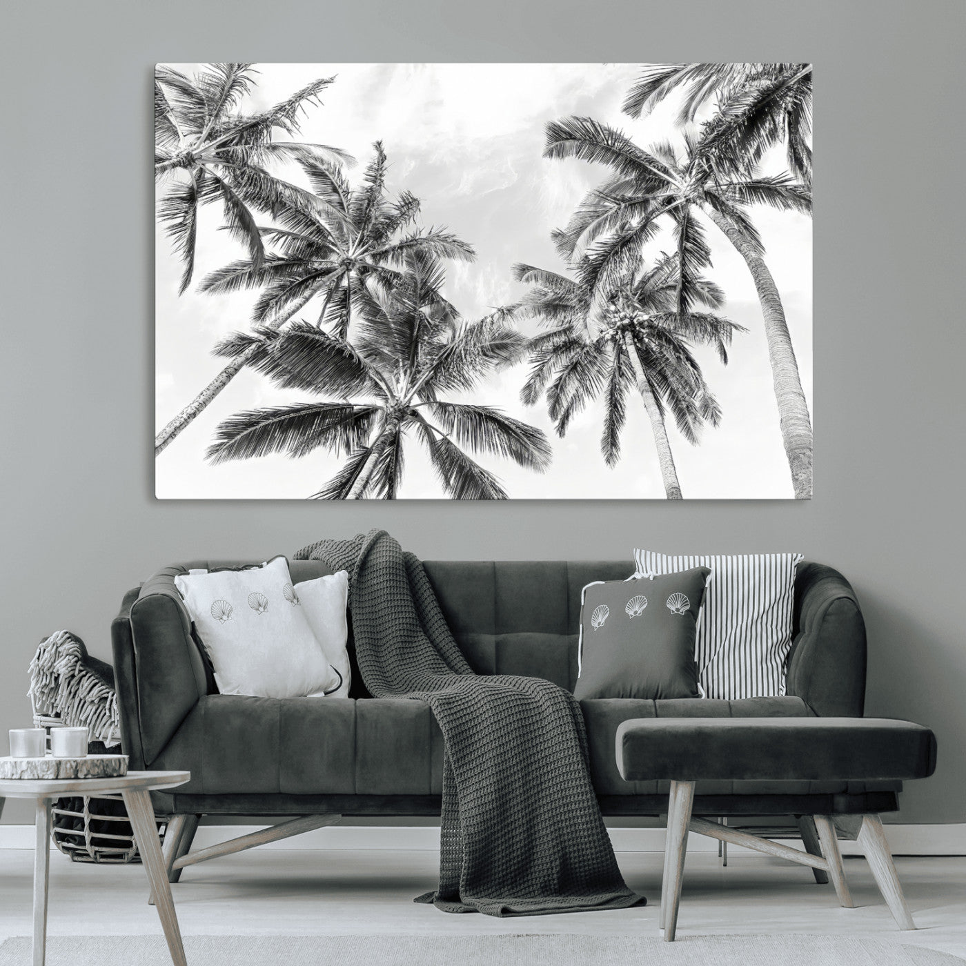 MGV-CV-36X24 - Black White Palm Wall Art Canvas Print, Framed Monochrome Tropics Art Picture Print, Minimalist Beach Perfect Coastal Minimalist Decor Artwork