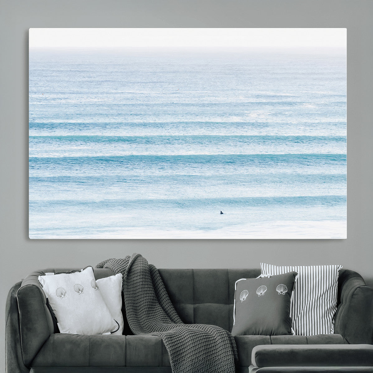 77145995-MGV-CV-36X24-Ocean Wave Surfer Wall Art – Framed Minimal Seascape Canvas Artwork, Calm Blue Water Design, Coastal Decor for Home, Office