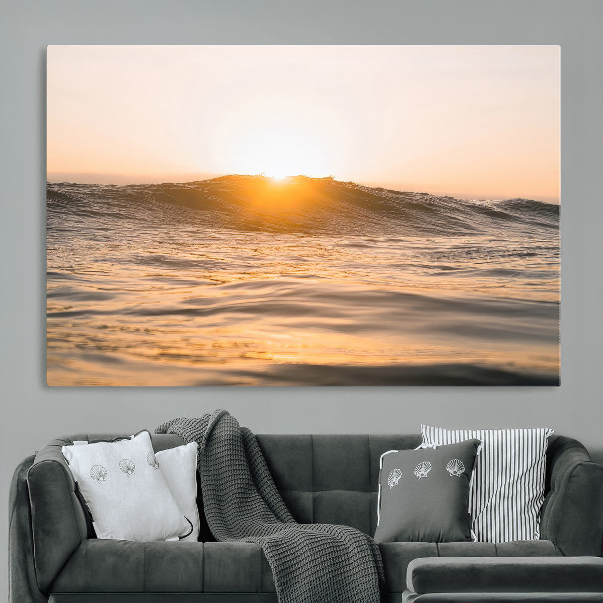 16973771-MGV-CV-36X24-Calm Water Wall Art – Framed Sunset Waves Canvas Artwork, Coastal Warm Design, Minimal Ocean Decor for Home, Office