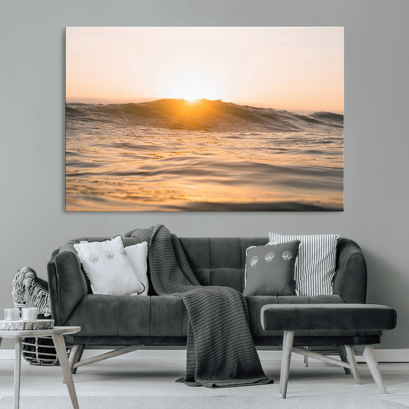 MGV-CV-36X24 - Calm Water Wall Art Canvas Print, Framed Sunset Waves Art Picture Print, Coastal Warmth Perfect Warm Minimalist Decor Artwork