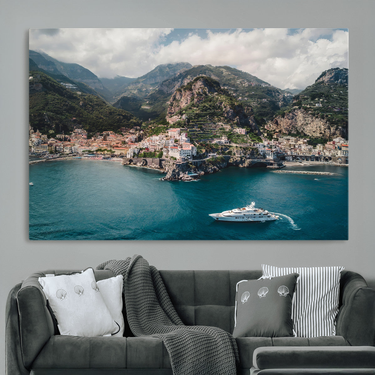 20321590-MGV-CV-36X24-Amalfi Coast Wall Art – Framed Italian Seaside Canvas Artwork, Mediterranean Landscape Design, Coastal Decor for Home, Office